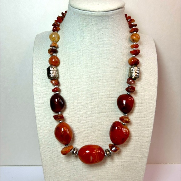 Large Carnelian Agate and coin silver beads vintage gemstone necklace - Picture 1 of 3